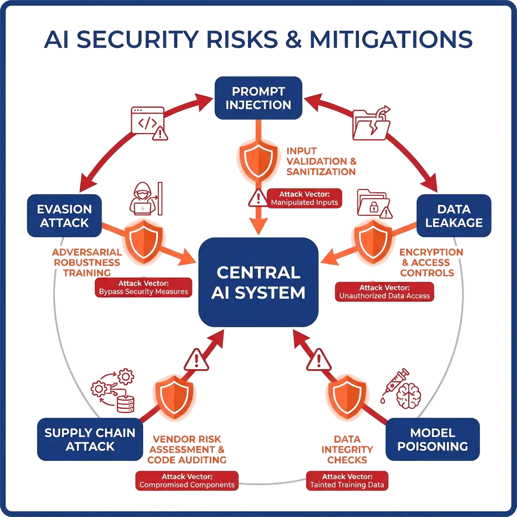 Five common AI security vulnerabilities including prompt injection, data leakage and unauthorized access