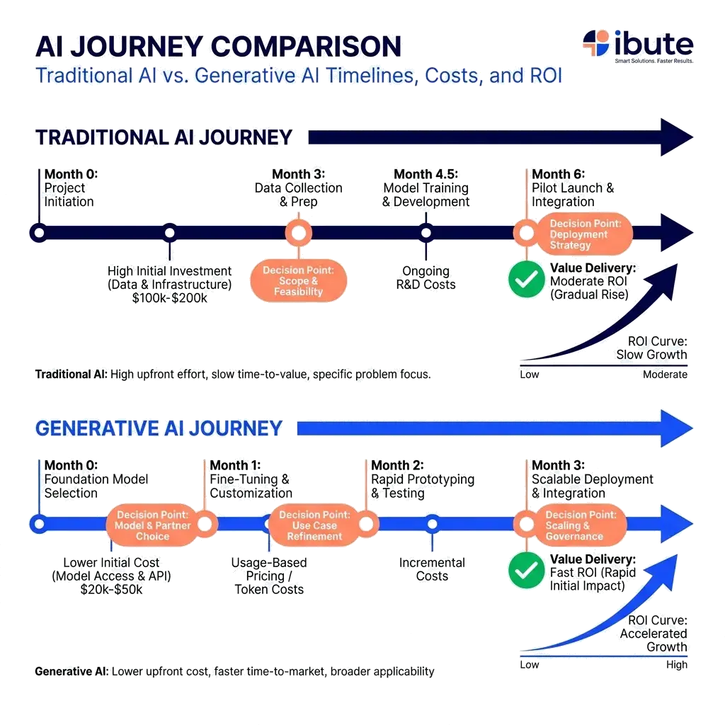Timeline and cost comparison of Traditional AI vs Generative AI implementation