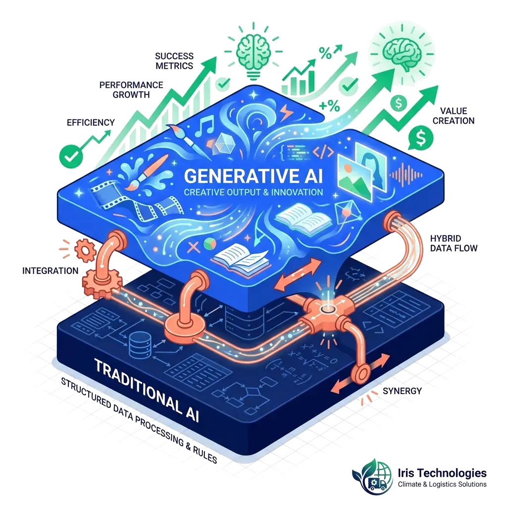 Hybrid AI architecture combining Traditional AI data layer and Generative AI interaction layer