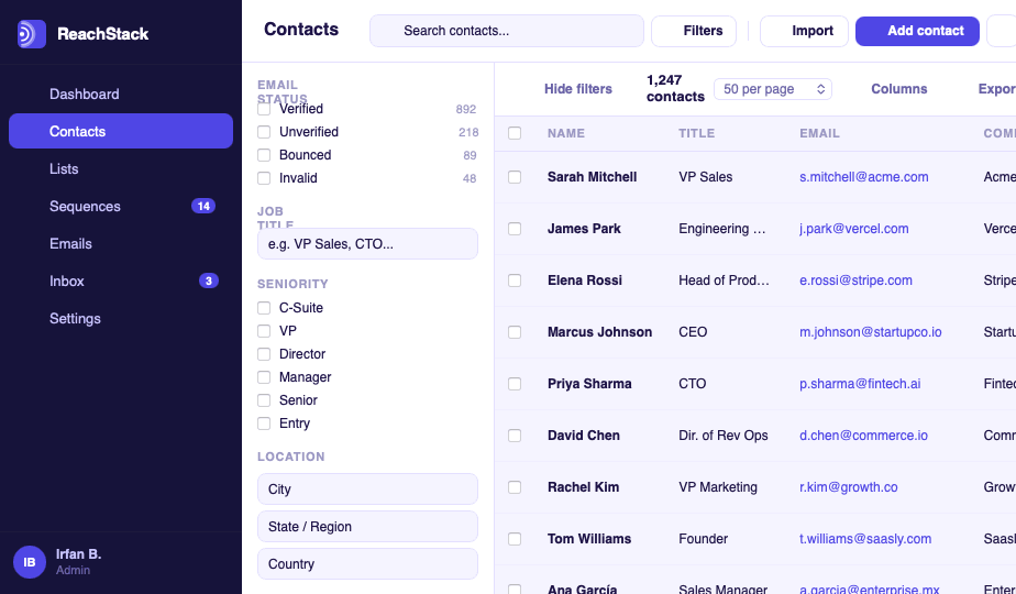ReachStack contacts table