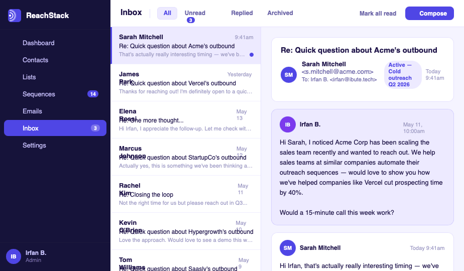An AI agent that researches, writes and sends — in the rep's voice.