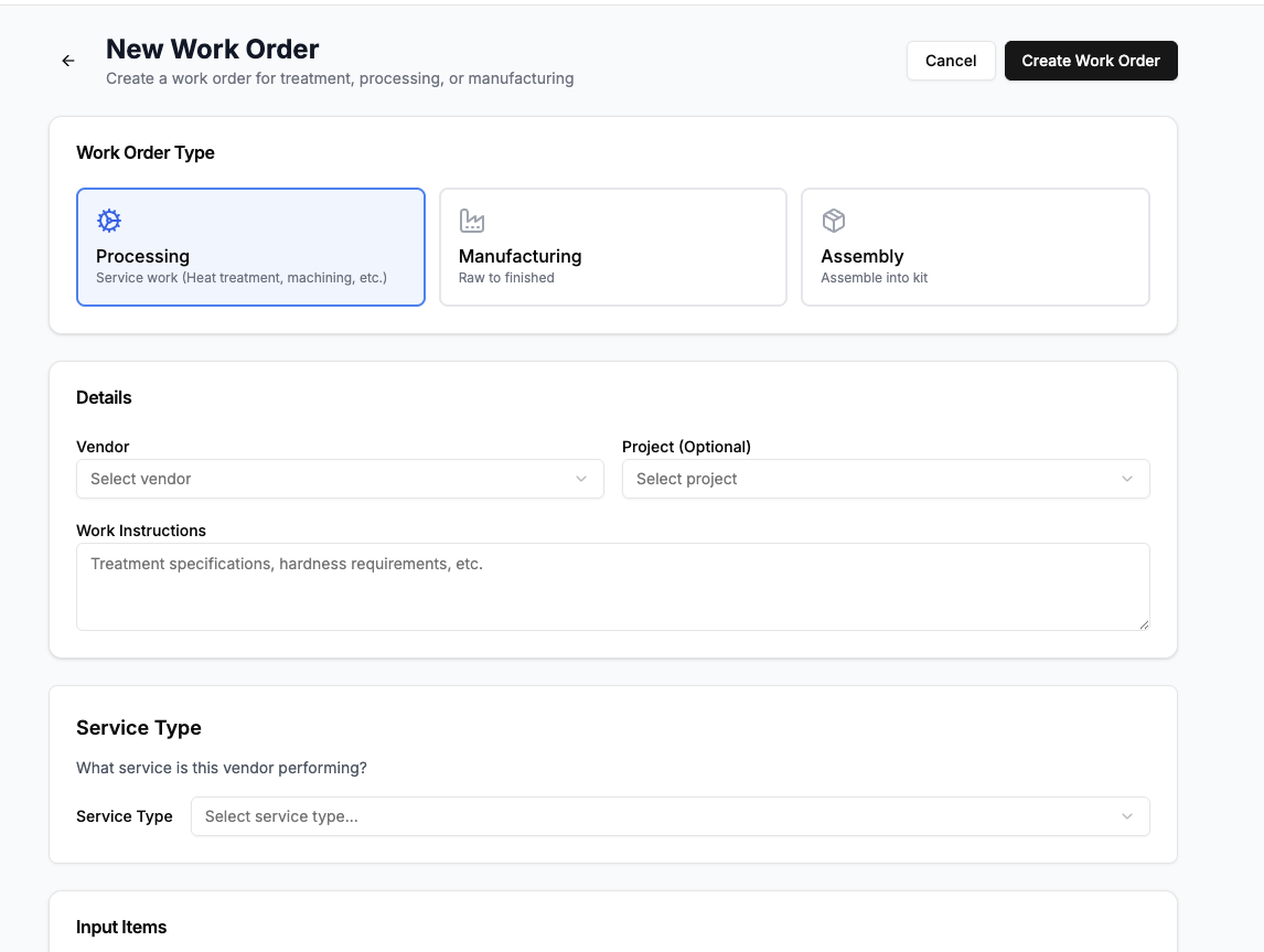 New work order in PartNexus showing Processing / Manufacturing / Assembly type picker