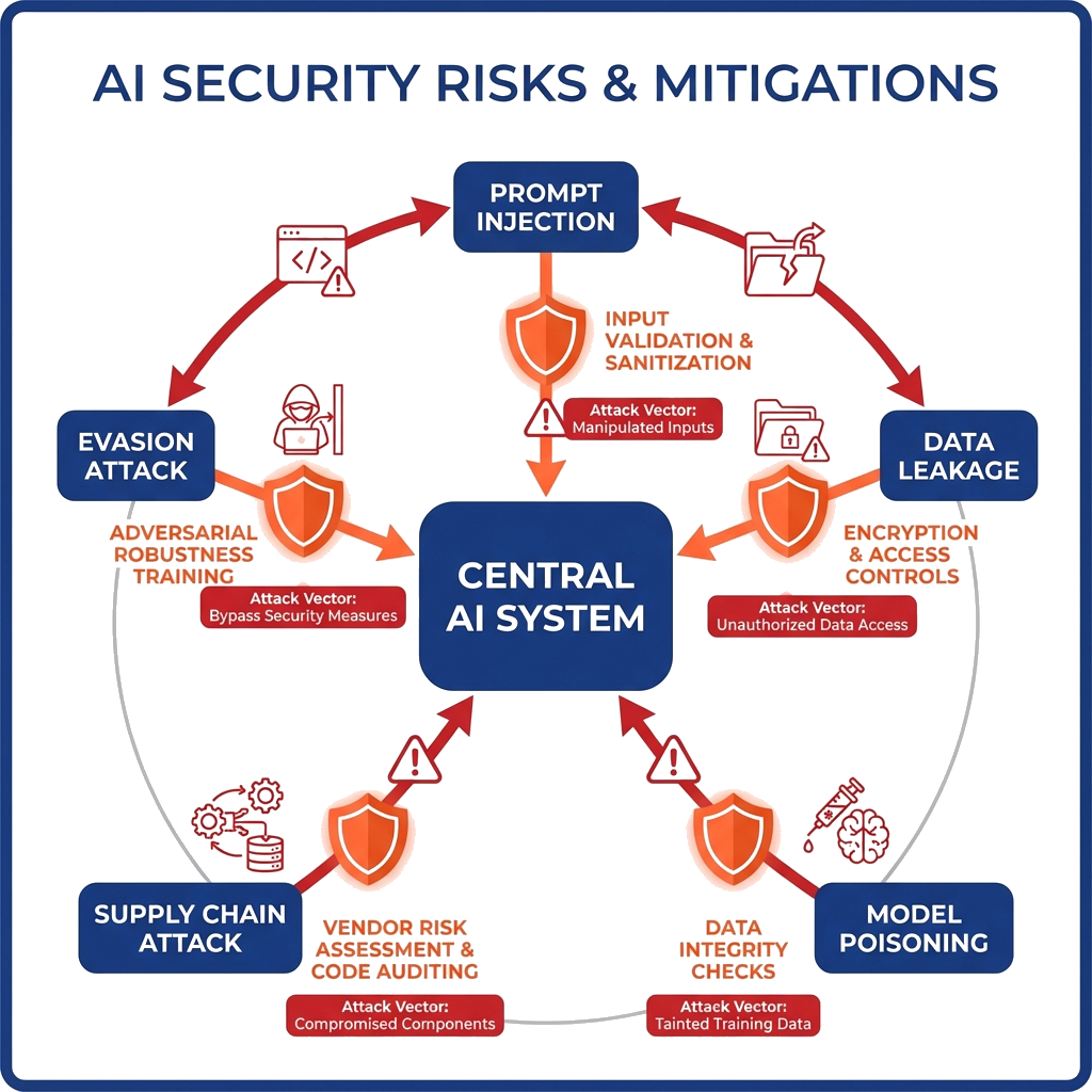 Five common AI security vulnerabilities including prompt injection data leakage and unauthorized access shown with security checkpoints