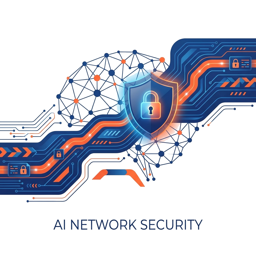 Secure AI implementation framework with encrypted data protection and access controls illustrated in professional blue and orange brand colors